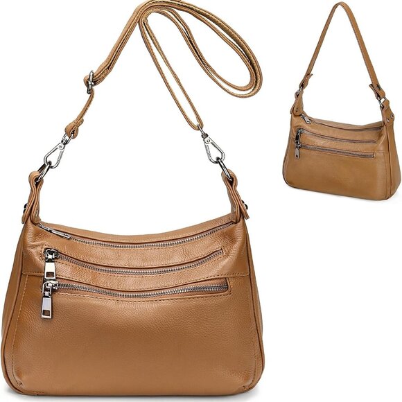 Genuine Leather Shoulder Bag Medium Size Handbag Purse Multi Zip Pockets Crossbo